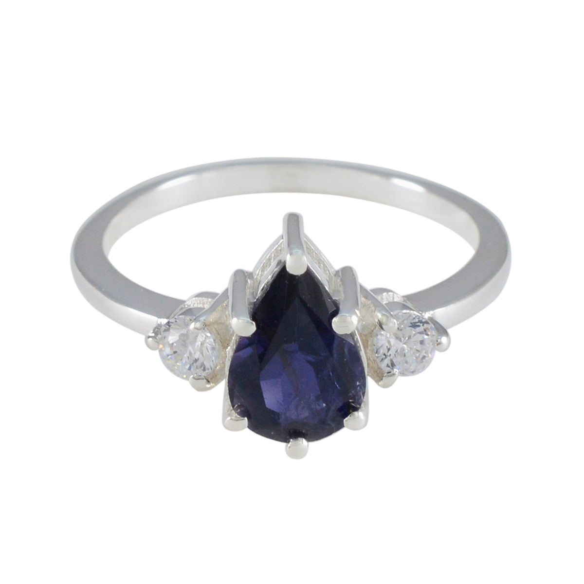 Ananya blue halo ring for women pear shaped deep blue center with two clear side stones on silver band