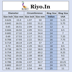 Ayaka blue halo ring for women size chart showing ring diameters circumferences and Indian USA sizes