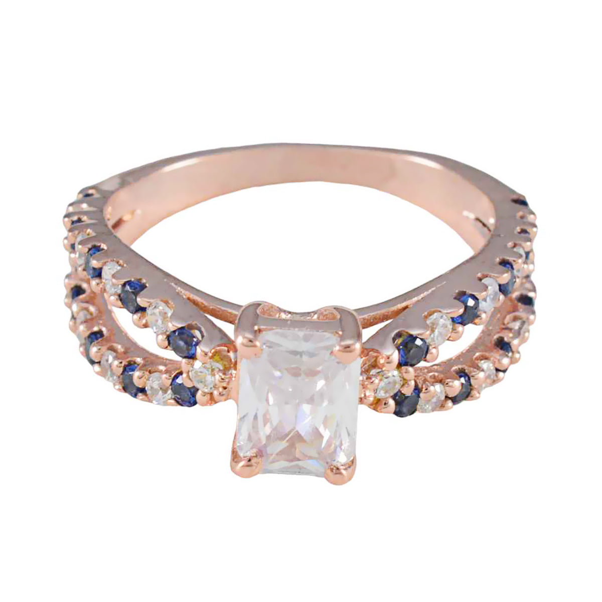 Sakura blue halo ring for women with rose gold band and rectangular center stone