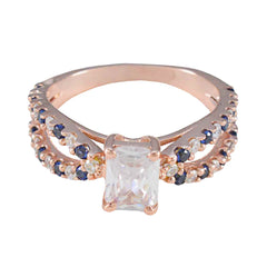 Sakura blue halo ring for women with rose gold band and rectangular center stone