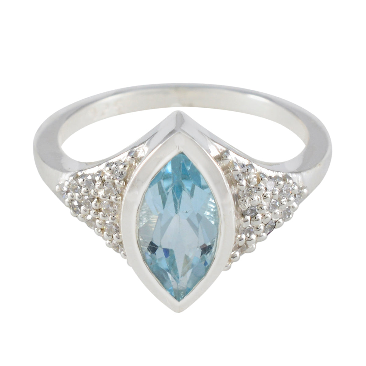 Cecilia blue halo ring for women featuring marquise blue gemstone and silver band with small accent stones