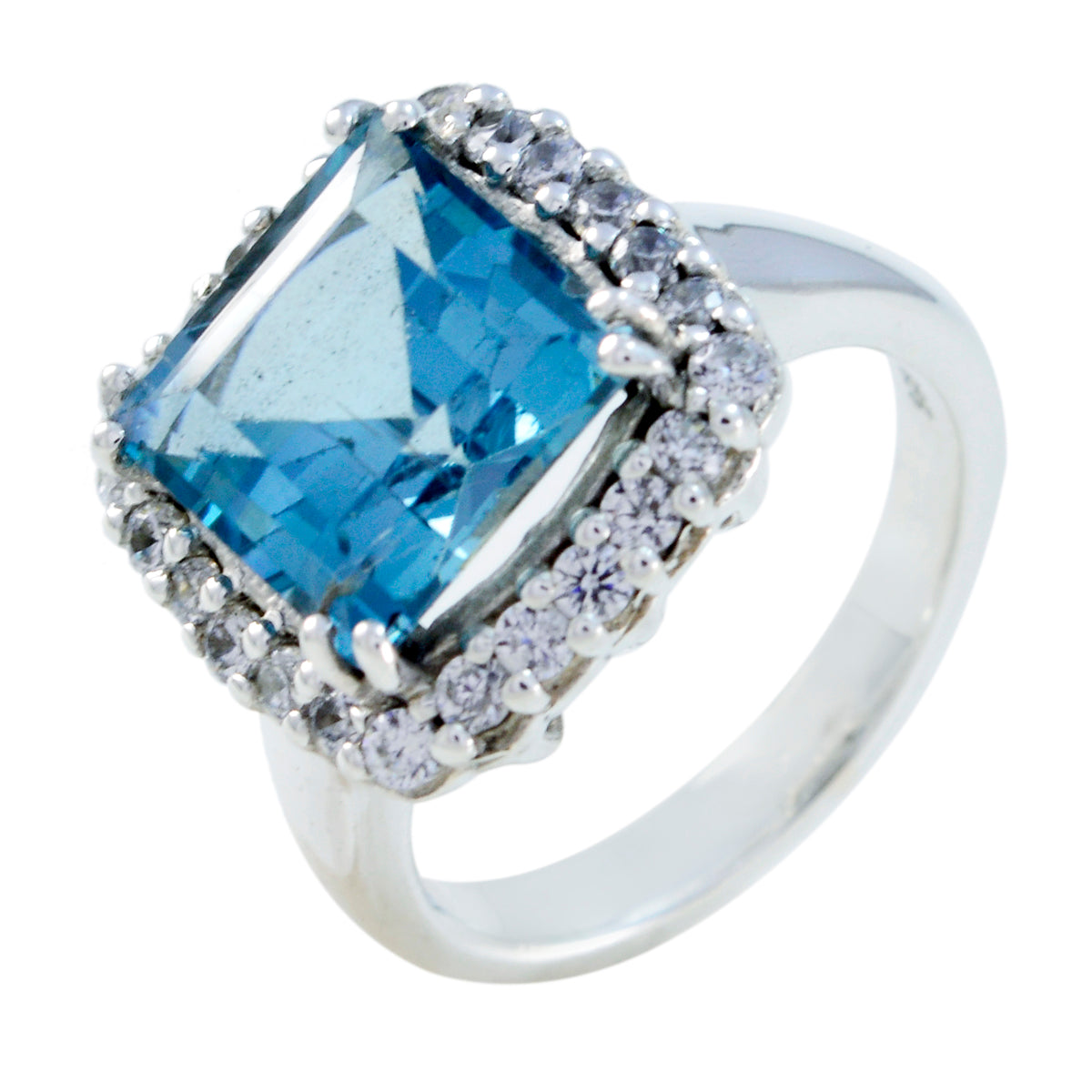 Lourdes blue halo ring for women featuring square blue center gemstone with diamond halo and sterling band