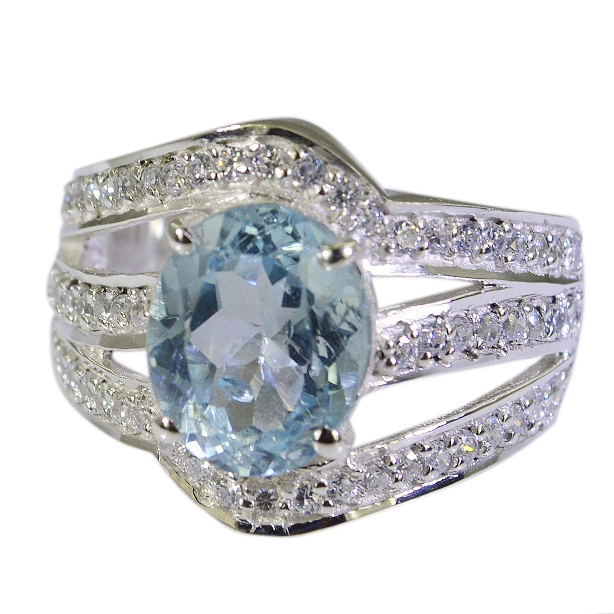 Luna blue halo ring with light blue oval gemstone and split shank pave diamond band in white metal