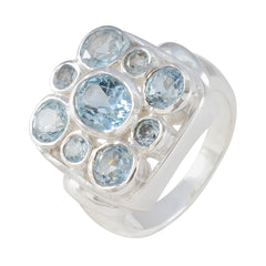Josephine silver ring with clustered light blue gemstones in square setting blue navratna ring for elegant wear