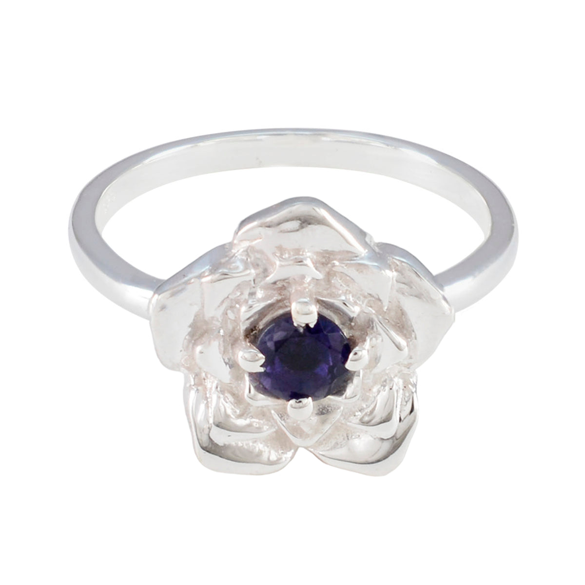 Leah Blue Solitaire Floral Ring with Silver Flower Design Iolite Blue
