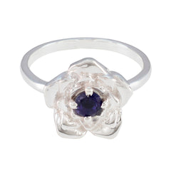 Leah Blue Solitaire Floral Ring with Silver Flower Design Iolite Blue