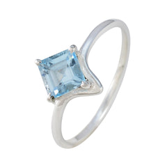 Yan blue solitaire gemstone ring sterling silver band with square light blue stone in four prong setting