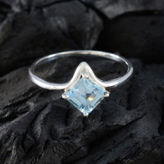 Yan blue solitaire gemstone ring square aquamarine set in sterling silver delicate band