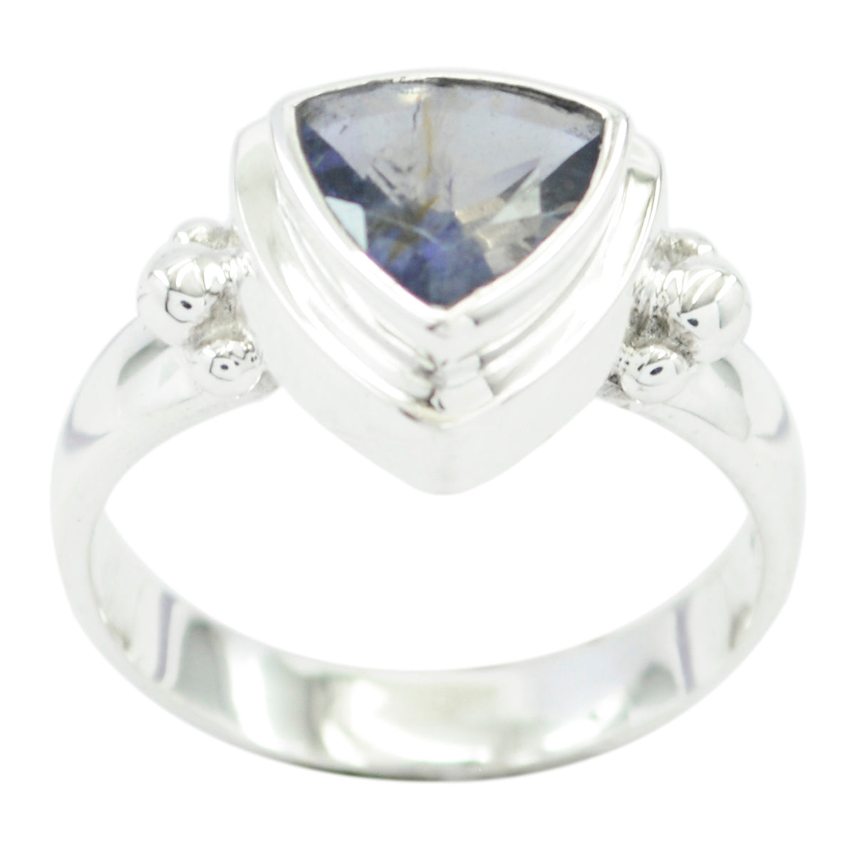 Emma blue solitaire gemstone ring with silver band and triangular blue gemstone centerpiece