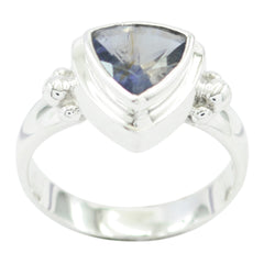 Emma blue solitaire gemstone ring with silver band and triangular blue gemstone centerpiece