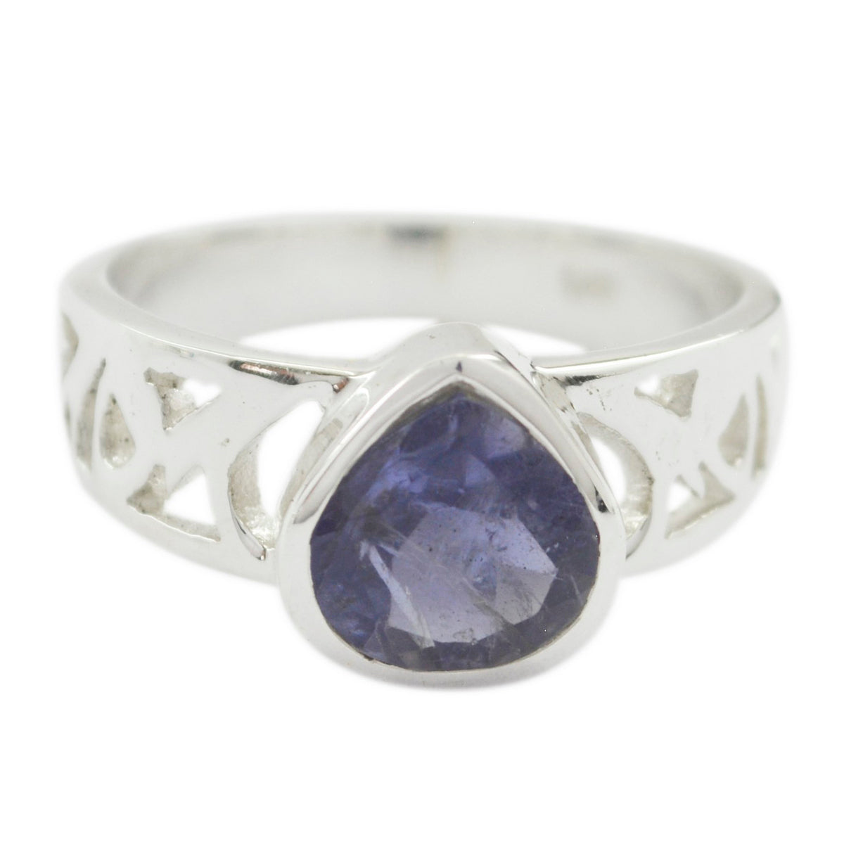 Maria blue solitaire heart ring with a silver band featuring intricate cutout designs