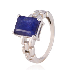 Aria blue solitaire ring for women with rectangular blue stone and silver chain link band elegant design