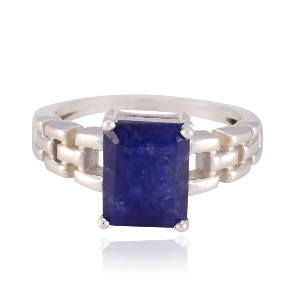 Aria blue solitaire ring for women with rectangular deep blue stone on polished silver split shank band