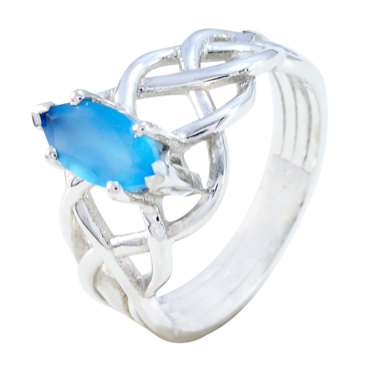 Carla blue solitaire ring for women with an intricate silver band and marquise-cut blue gemstone