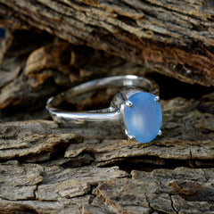 Min seo blue solitaire ring for women with round opalescent blue cabochon on sterling silver band