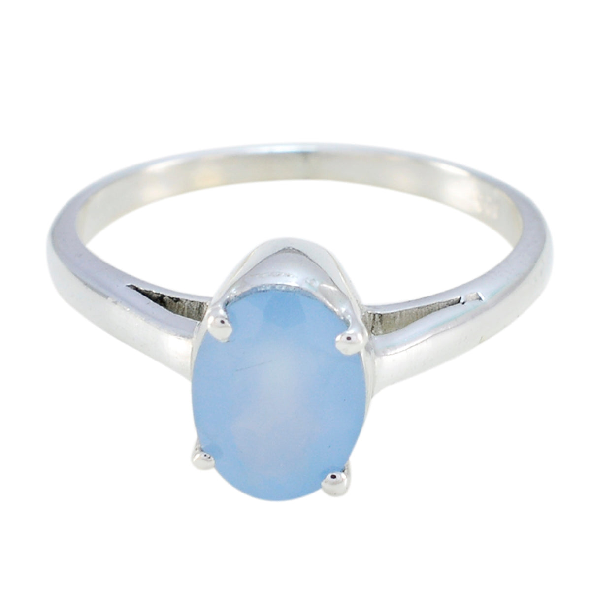 Silver ring with oval blue cabochon, simple prongs and band, elegant everyday jewelry blue solitaire ring for women