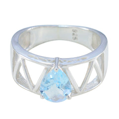 Putri blue solitaire ring for women with pear shaped blue gemstone and silver geometric band