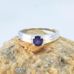 Emi sterling silver ring with round blue gemstone in four prong setting blue solitaire ring for women
