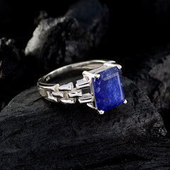 Aria silver ring with rectangular blue stone and geometric band on dark background blue solitaire ring for women