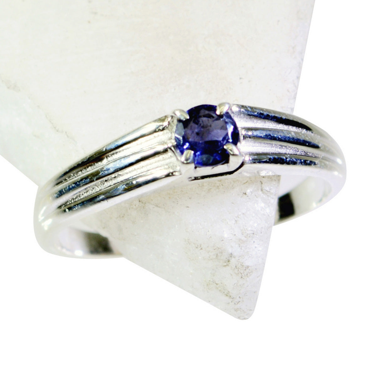Emi sterling silver band blue solitaire ring for women with round blue gemstone and triple groove shoulders