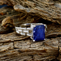 Aria blue solitaire ring for women rectangular deep blue stone in silver prong setting on textured band