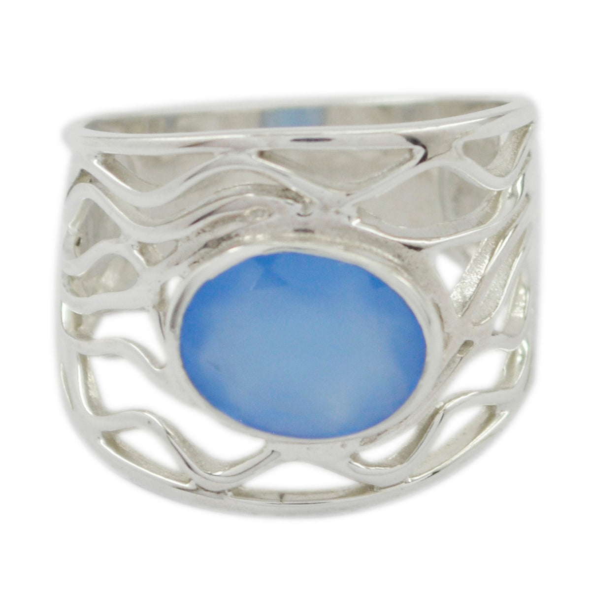 Evelyn Blue Solitaire Ring India with Unique Silver Design Blue Chalcedony Blue
