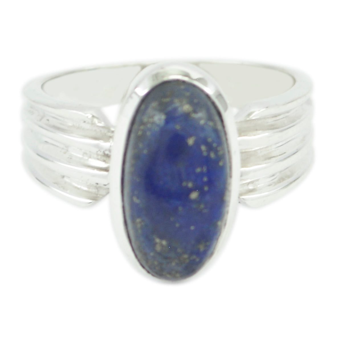 Natalie silver band blue solitaire ring with oval deep blue stone and speckled gold flecks