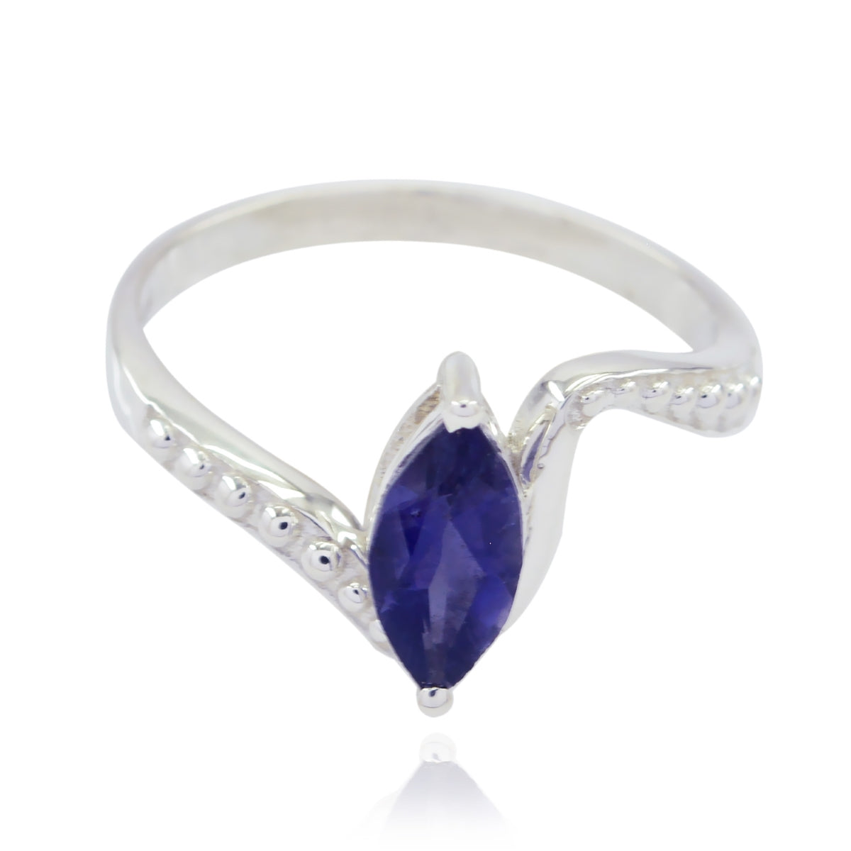 Meera blue solitaire ring with marquise-cut blue gemstone and silver band detailing