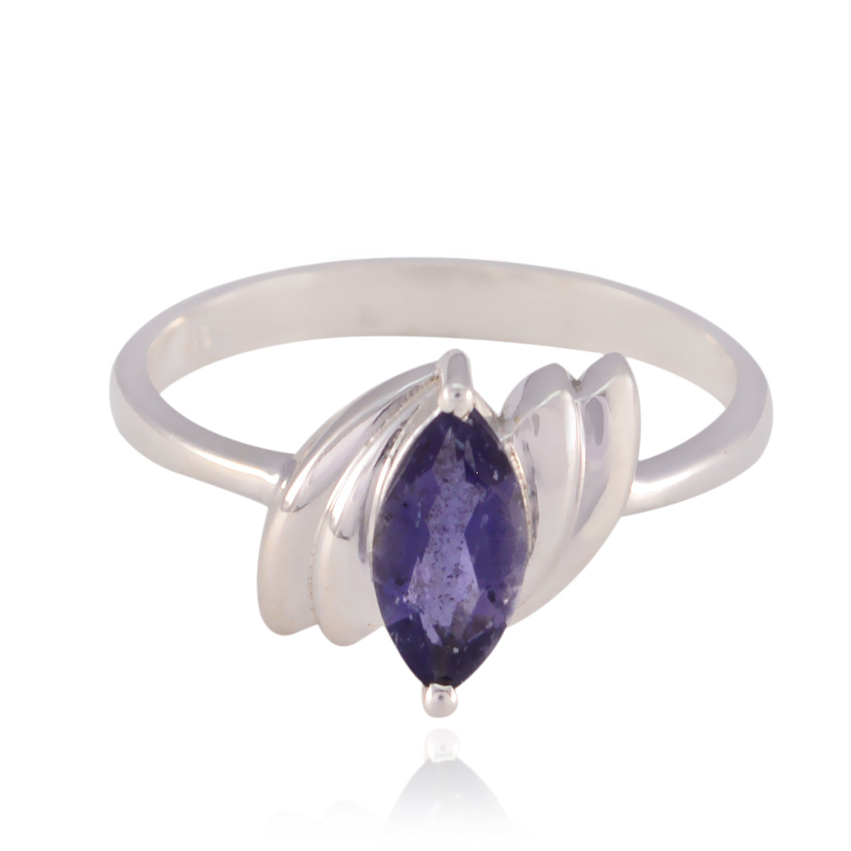 Camila blue solitaire ring with marquise-cut blue stone set in silver band