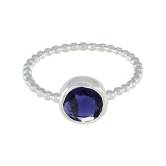 Seo-yeon Blue Solitaire Ring with Silver Beaded Band Iolite Blue