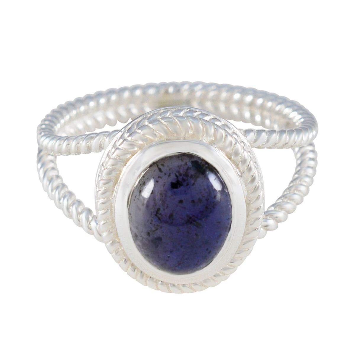 Emma Blue Solitaire Ring with Silver Rope Design Iolite Blue