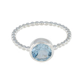Rina Blue Solitaire Ring with Beaded Silver Band Blue Topaz Blue