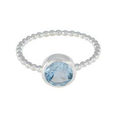Rina Blue Solitaire Ring with Beaded Silver Band Blue Topaz Blue