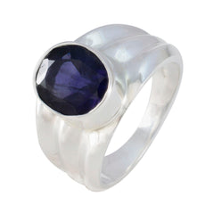Genesis blue solitaire ring silver with a large faceted blue gemstone set on polished silver band
