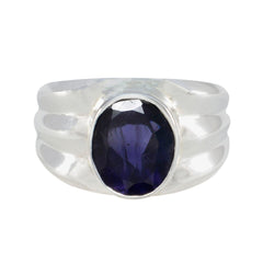 Genesis blue solitaire ring silver with oval deep blue gemstone and polished silver band