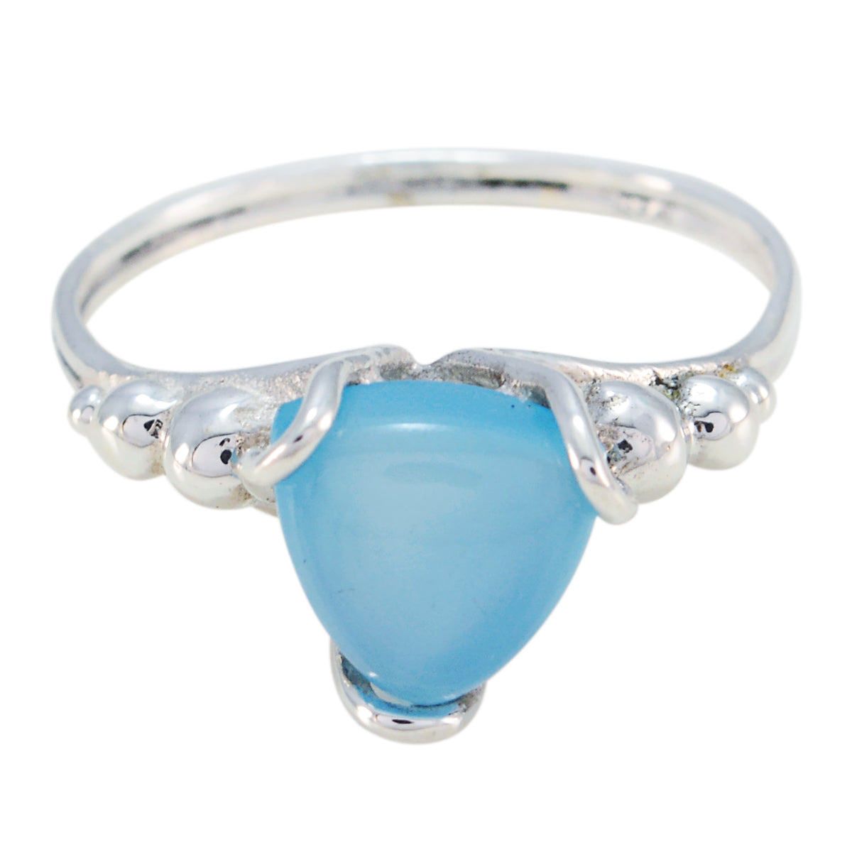 Clara blue solitaire ring with a polished silver band and a smooth triangular blue gemstone