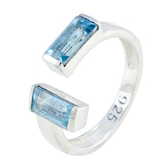 Emma silver open band ring featuring two rectangular blue gemstones blue toi et moi ring