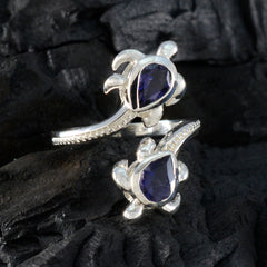 Giulia silver adjustable ring with two pear shaped deep blue stones on open band blue toi et moi ring for elegant everyday wear