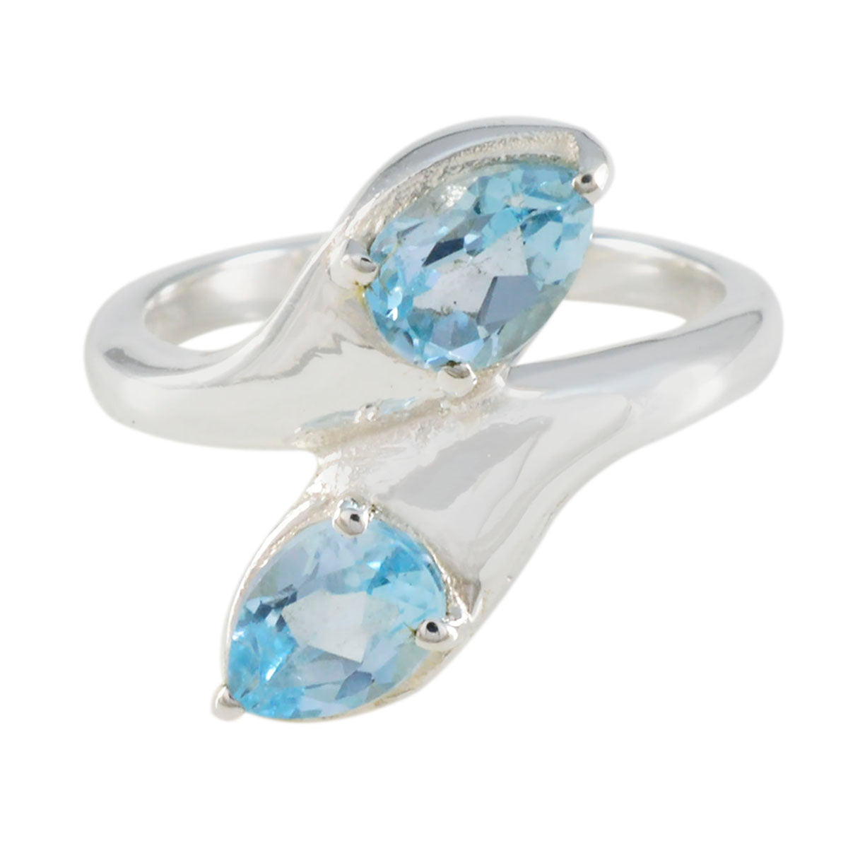 Claire sterling silver ring with two pear shaped blue gemstones in a wrap style blue toi et moi ring