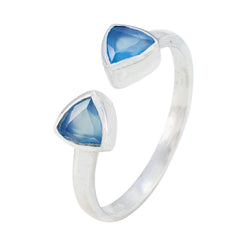 Silver adjustable Sakura blue toi et moi ring with two triangular bezel set blue gemstones