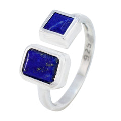 Camilla silver ring with two rectangular blue stones blue toi et moi ring