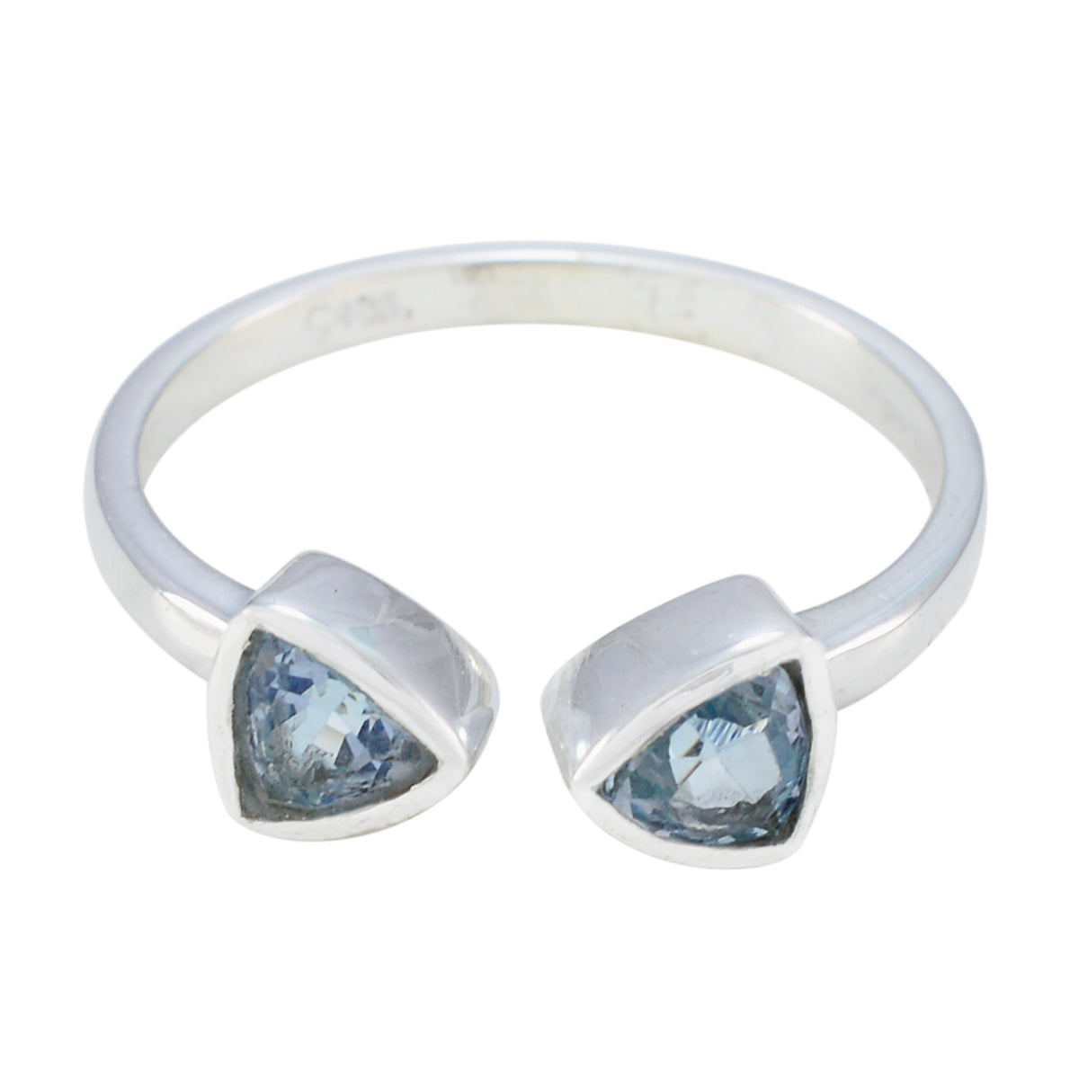 Natcha silver blue toi et moi ring with two triangular blue gemstones in open band design