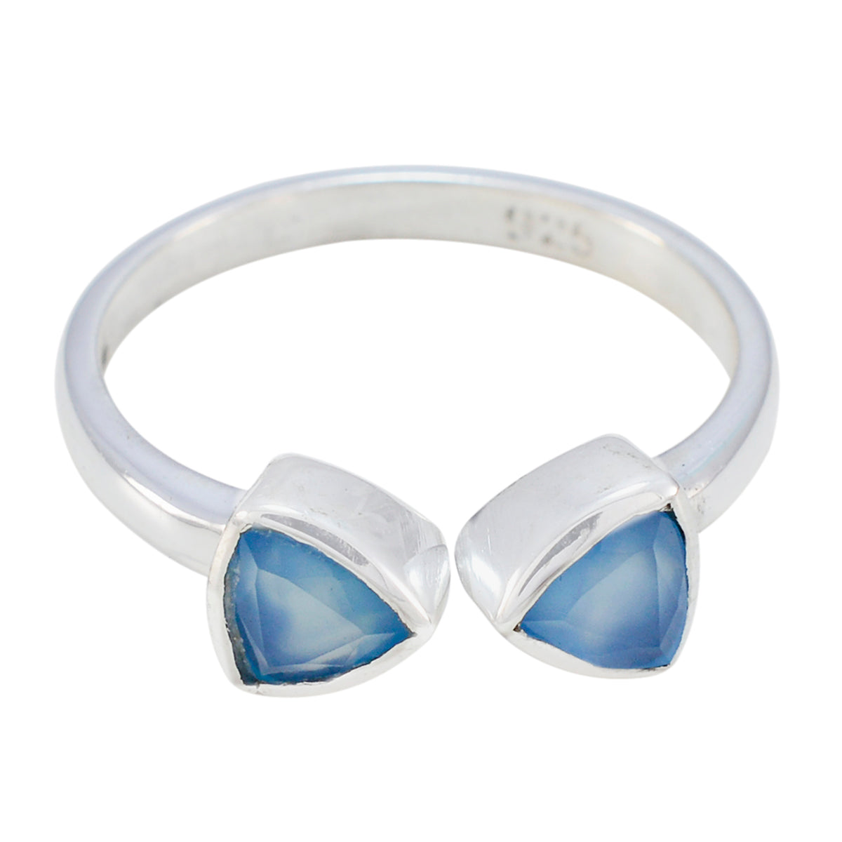 Sakura blue toi et moi ring open silver band with two triangular faceted blue gemstones elegant stackable design