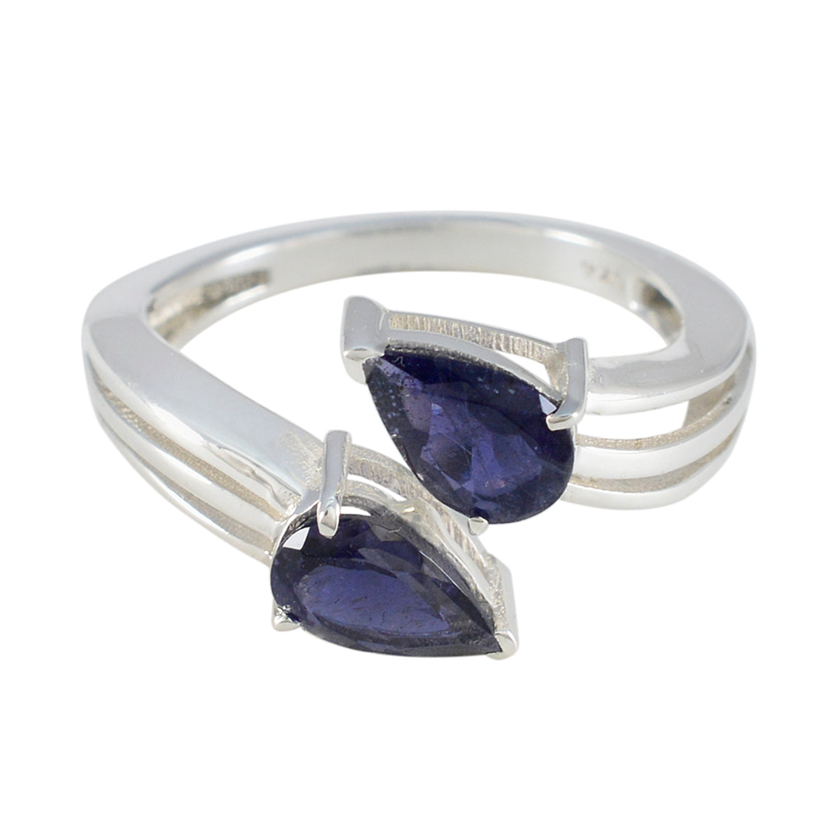 Natcha blue toi et moi ring with two pear shaped deep blue gemstones set in sterling silver split band