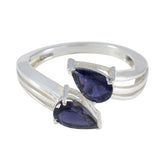 Natcha blue toi et moi ring with two pear shaped deep blue gemstones set in sterling silver split band