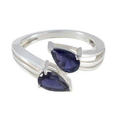 Natcha blue toi et moi ring with two pear shaped deep blue gemstones set in sterling silver split band