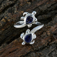 Giulia silver open band blue toi et moi ring with two pear shaped blue stones set in turtle motifs