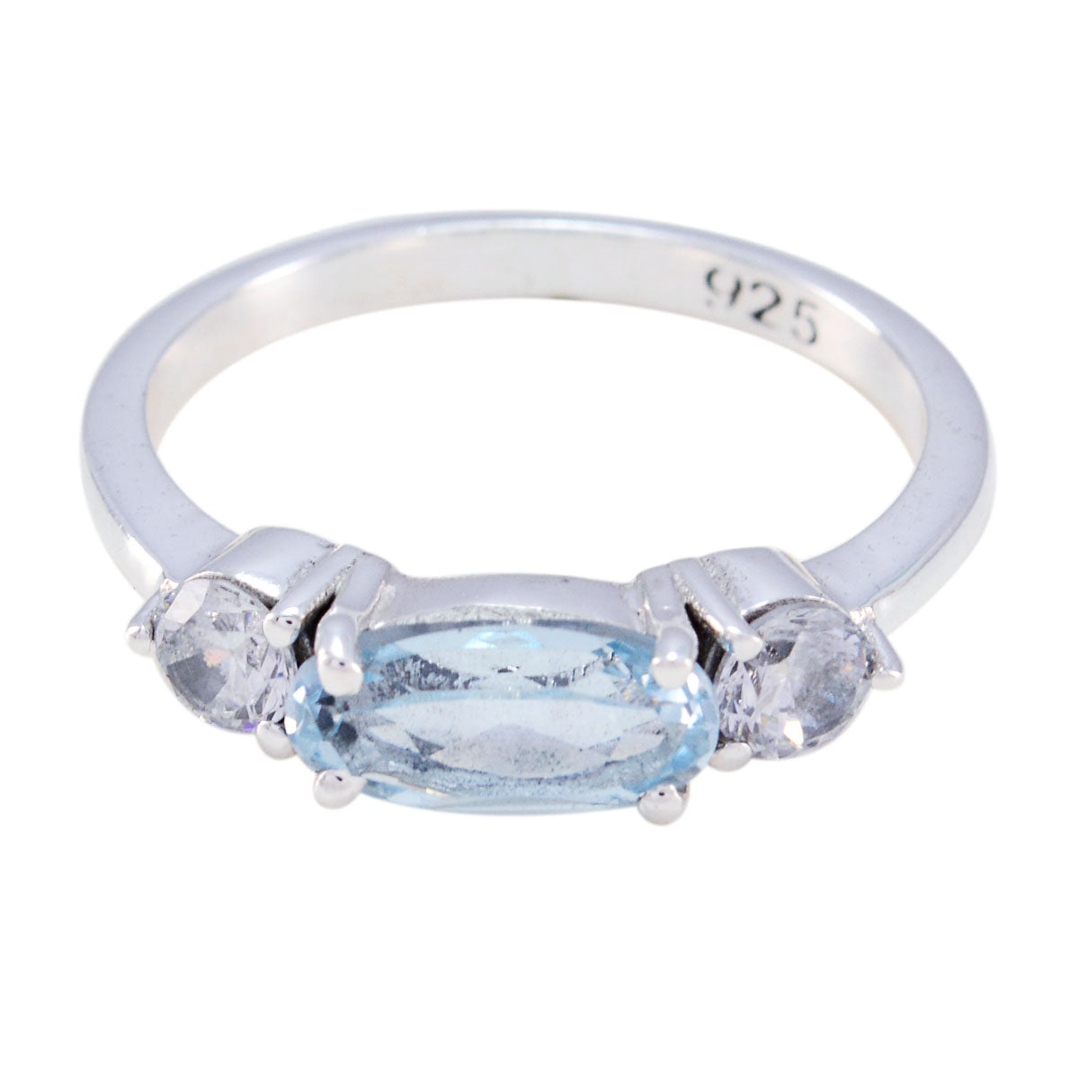 Emi silver blue trilogy gemstone ring with oval blue center stone and two clear side stones