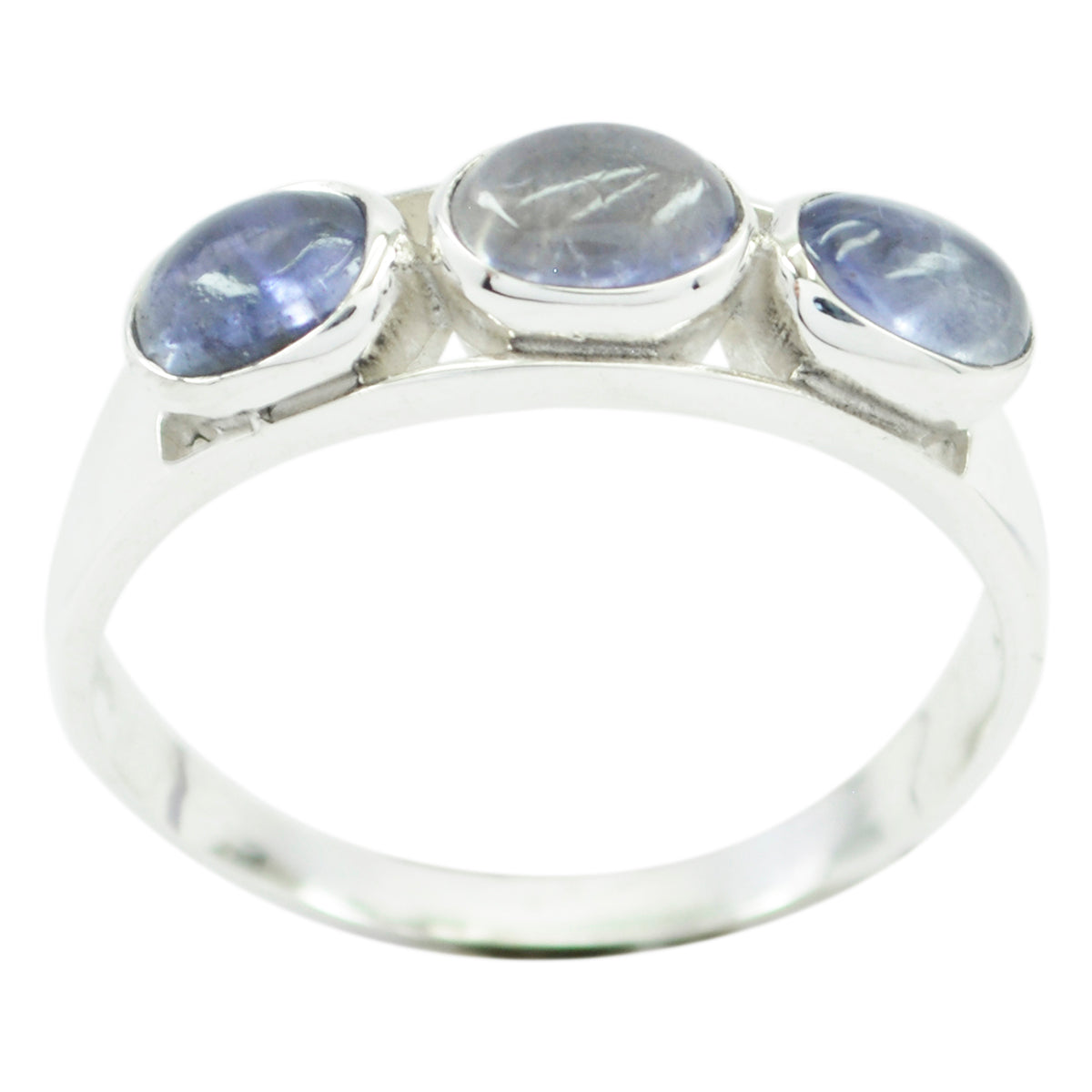 Emi blue trilogy gemstone ring in sterling silver with three bezel set blue cabochon stones on polished band