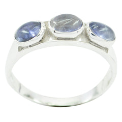 Emi blue trilogy gemstone ring in sterling silver with three bezel set blue cabochon stones on polished band